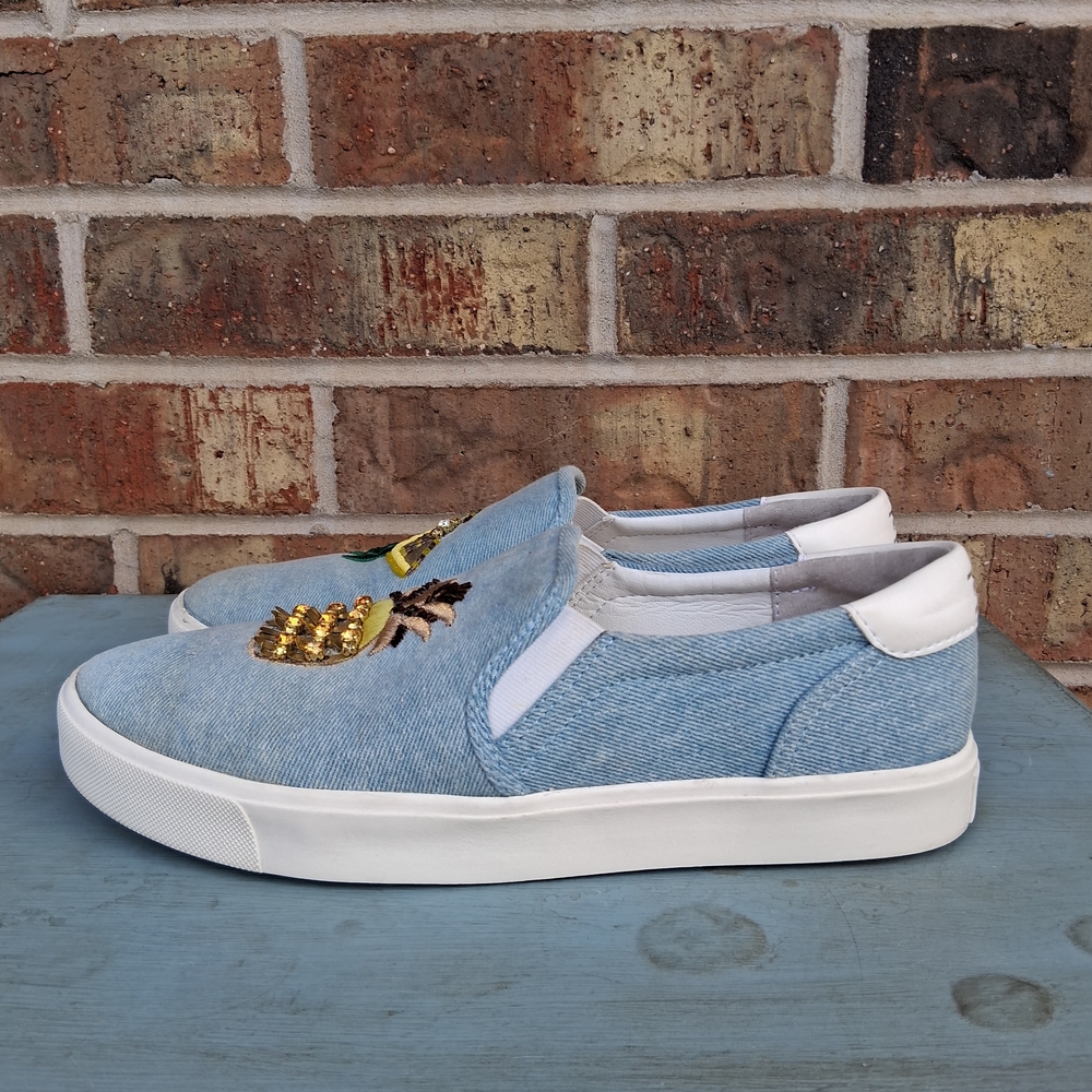 Sam Edelman Evalina Denim Slip On Sneakers Pineapple Lemon Embroidered Flats - Picture 2 of 11